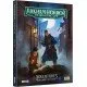 A softcover RPG adventure book for Arkham Horror showing a foggy coastal town with mysterious figures and cosmic horror elements