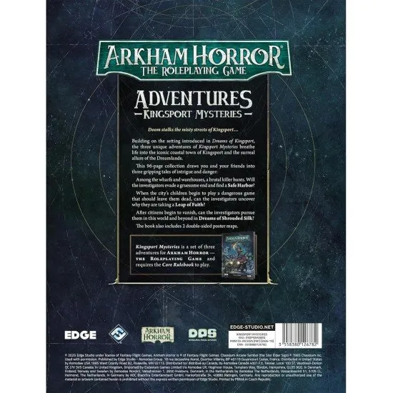 A softcover RPG adventure book for Arkham Horror showing a foggy coastal town with mysterious figures and cosmic horror elements