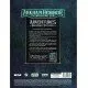 A softcover RPG adventure book for Arkham Horror showing a foggy coastal town with mysterious figures and cosmic horror elements