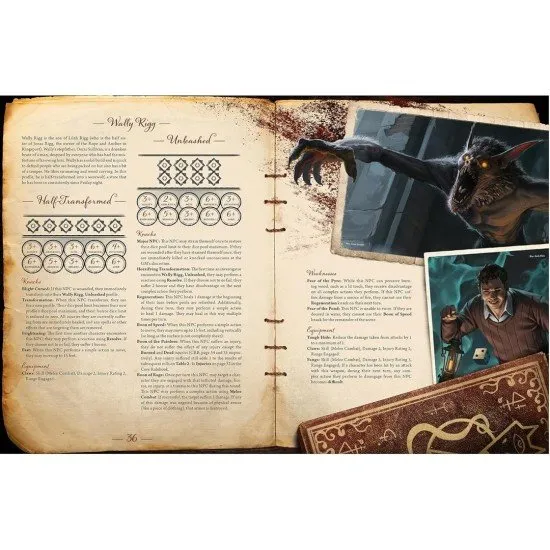 A softcover RPG adventure book for Arkham Horror showing a foggy coastal town with mysterious figures and cosmic horror elements