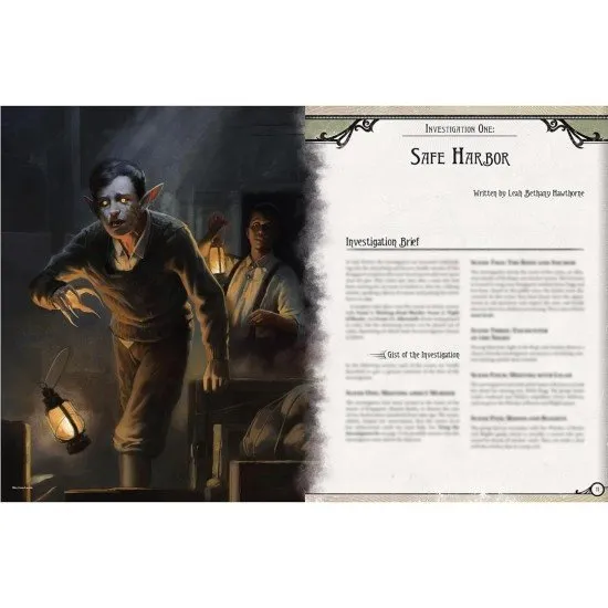 A softcover RPG adventure book for Arkham Horror showing a foggy coastal town with mysterious figures and cosmic horror elements
