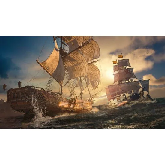 Edward Kenway standing on the deck of the Jackdaw with a backdrop of a tropical Caribbean island and stormy seas
