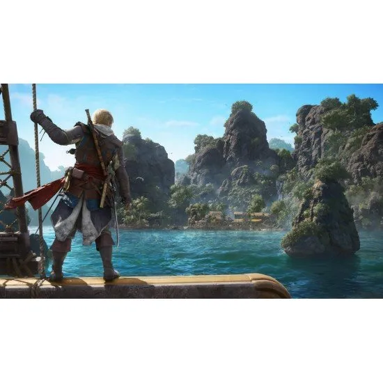 Edward Kenway standing on the deck of the Jackdaw with a backdrop of a tropical Caribbean island and stormy seas