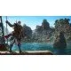 Edward Kenway standing on the deck of the Jackdaw with a backdrop of a tropical Caribbean island and stormy seas