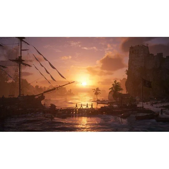 Edward Kenway standing on the deck of the Jackdaw with a backdrop of a tropical Caribbean island and stormy seas
