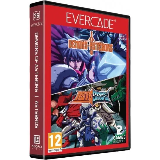 A physical Evercade cartridge and its retail box showing fantasy artwork of warriors fighting monsters for Demons of Asteborg and Astebros