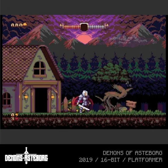 A physical Evercade cartridge and its retail box showing fantasy artwork of warriors fighting monsters for Demons of Asteborg and Astebros