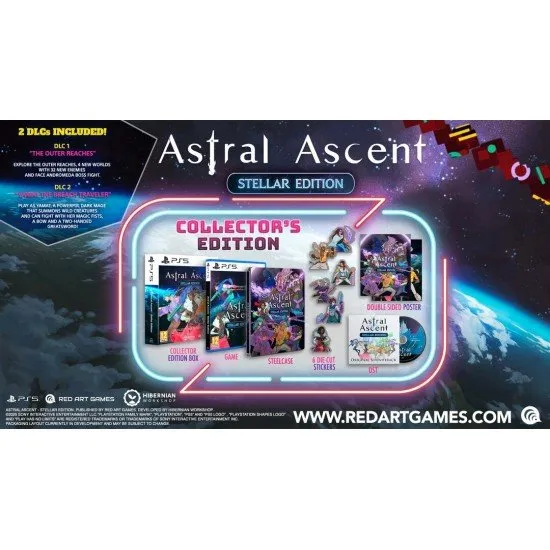 Astral Ascent Stellar Edition Collector's Edition PS5 The box art for Astral Ascent Stellar Edition - Collector's Edition on PS5, showing a pixel art character ready for combat against a fantasy background.