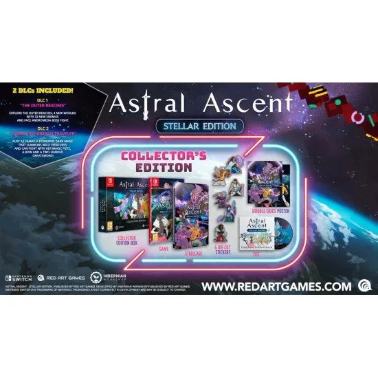 The box art for Astral Ascent Stellar Edition - Collector's Edition on Nintendo Switch, showing a pixel art character ready for combat against a fantasy background.