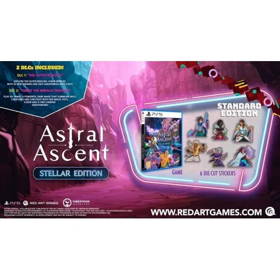 Astral Ascent Stellar Edition PS5 The box art for Astral Ascent: Stellar Edition on PS5, showing a pixel art character ready for combat against a fantasy background.