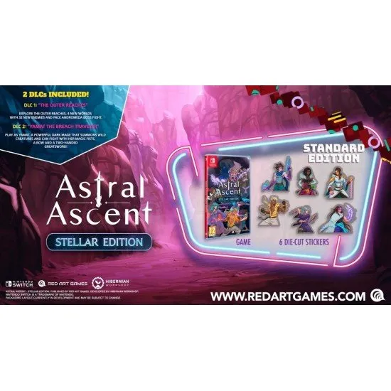 Astral Ascent Stellar Edition Switch The box art for Astral Ascent: Stellar Edition on Nintendo Switch, showing a pixel art character ready for combat against a fantasy background.