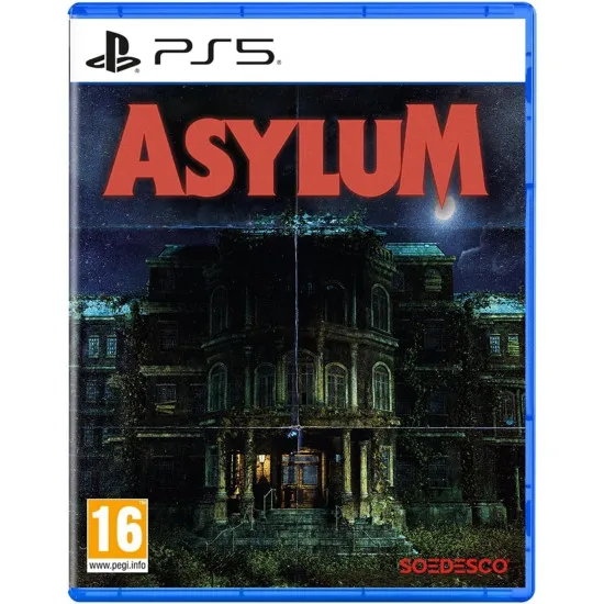 PlayStation 5 game case for Asylum showing the decaying facade of the Hanwell Mental Institute