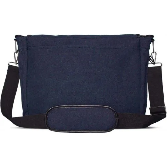 Atari Classic Varsity Messenger Bag in navy blue, showing the washed Atari logo screen print on the front flap