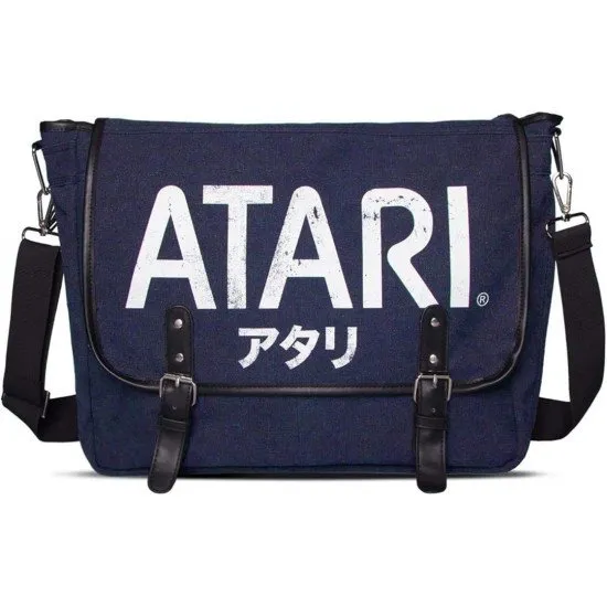 Atari Classic Varsity Messenger Bag in navy blue, showing the washed Atari logo screen print on the front flap