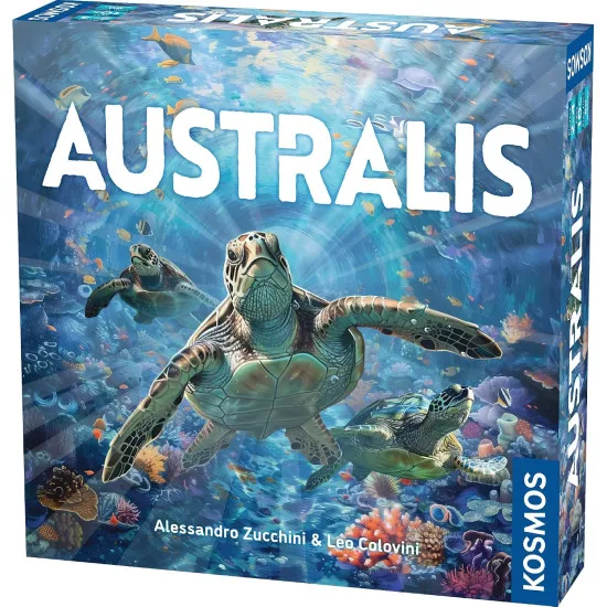 Australis board game box featuring East Australian Current underwater marine ecosystem artwork with fish coral and sea turtles