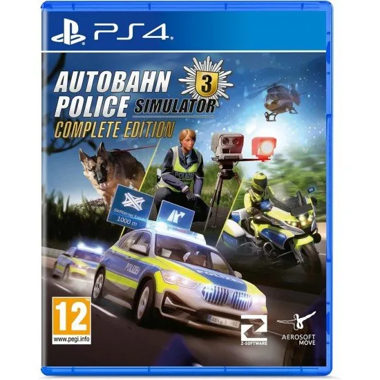 A police patrol car and motorcycle racing down a detailed German Autobahn with sirens active