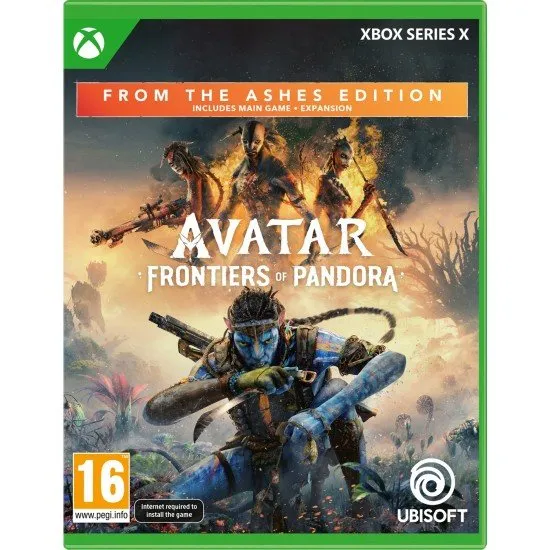 Avatar Frontiers of Pandora From the Ashes Edition Xbox Series X box art with Na'vi character and banshee
