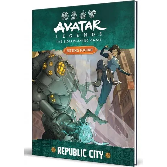 A colourful roleplaying game book cover depicting the skyline of Republic City with a large statue of Aang in the harbour