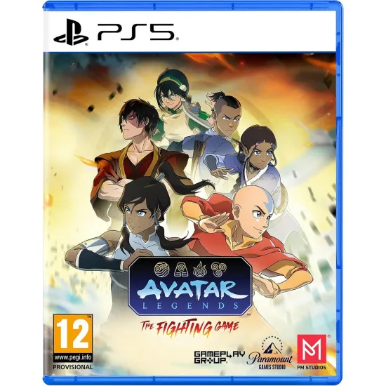 A PlayStation 5 game case showing a luxurious deluxe gold trim surrounding Aang and Korra clashing with fire and water elements