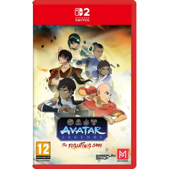 A Nintendo Switch 2 game case with a golden deluxe border showcasing a group of bending masters posing heroically before an arena match