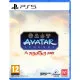 A PlayStation 5 game case showcasing Aang and Korra clashing with glowing elemental fire and water streams inside an ancient stone arena