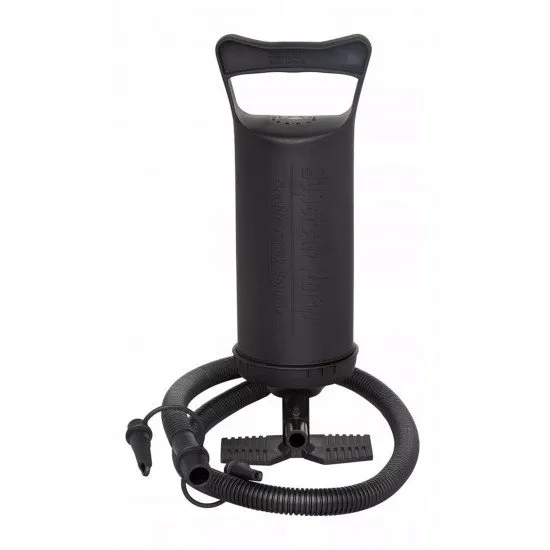 A compact black plastic hand air pump with a flexible hose and an assortment of three nozzle attachments on a white background