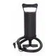 A compact black plastic hand air pump with a flexible hose and an assortment of three nozzle attachments on a white background