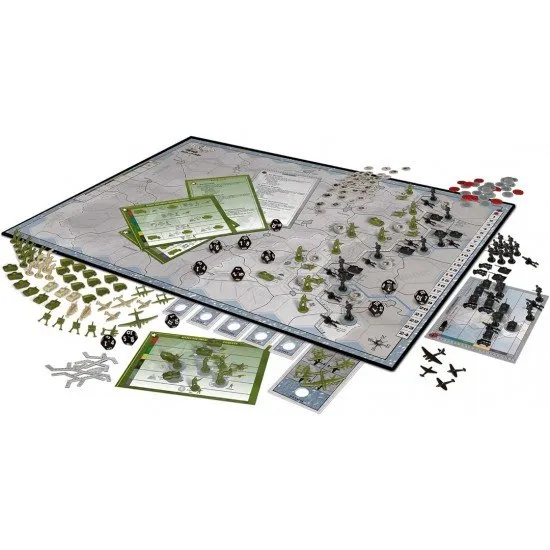 A bird's-eye view of a winter-themed hex grid board game map with numerous plastic tank and infantry pieces depicting a WWII battle