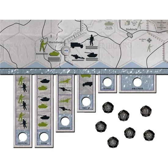 A bird's-eye view of a winter-themed hex grid board game map with numerous plastic tank and infantry pieces depicting a WWII battle