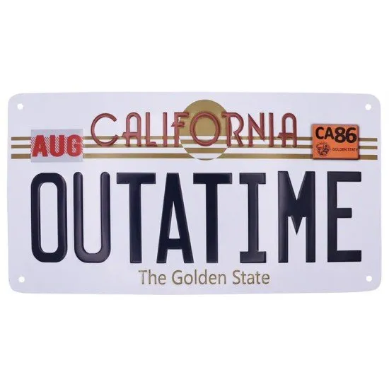 Back to the Future OUTATIME embossed metal number plate sign with California yellow branding