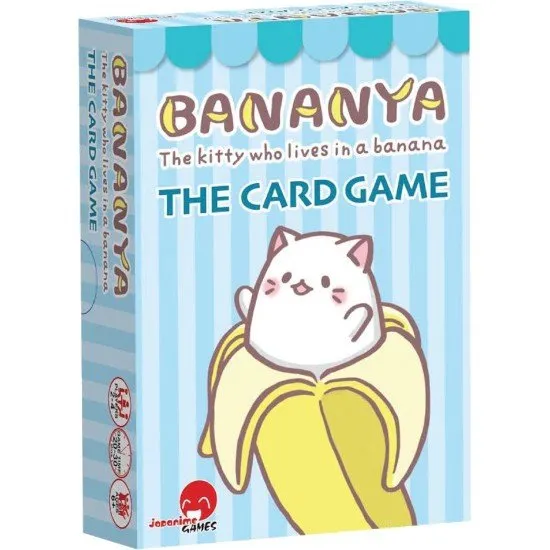Bananya The Card Game box art showing the cute cat character Bananya popping out of a banana peel