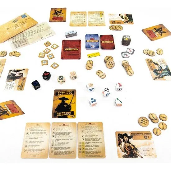 A collection of specialised dice, character cards, and tokens from the Bang! Dice series