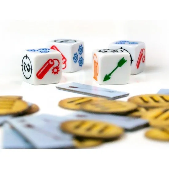 Bang! The Dice Game box cover art showing various Western characters (Sheriff, Outlaw) and custom dice