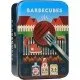 Colourful wooden food cubes being stacked onto a miniature BBQ grill using small metal tongs