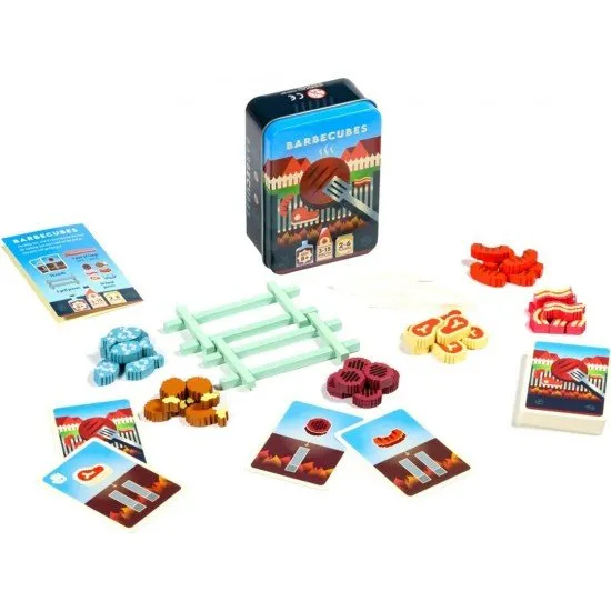 Colourful wooden food cubes being stacked onto a miniature BBQ grill using small metal tongs