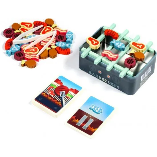 Colourful wooden food cubes being stacked onto a miniature BBQ grill using small metal tongs