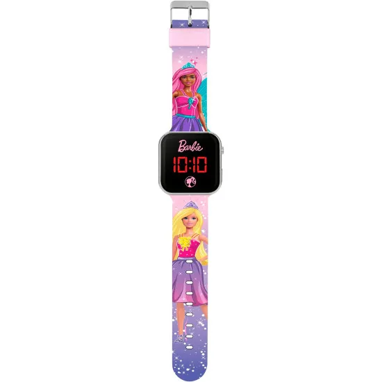 Official Barbie multicoloured strap LED watch front view showing printed dial, silver plastic casing and red digital display
