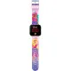 Official Barbie multicoloured strap LED watch front view showing printed dial, silver plastic casing and red digital display