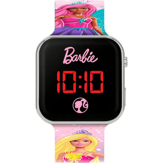Official Barbie multicoloured strap LED watch front view showing printed dial, silver plastic casing and red digital display