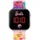 Official Barbie multicoloured strap LED watch front view showing printed dial, silver plastic casing and red digital display