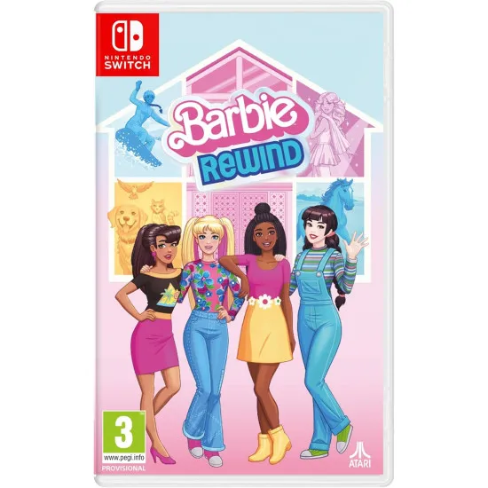A Nintendo Switch game case displaying bright pink retro pixel art of Barbie waving from the balcony of a vintage multi-storey DreamHouse filled with colourful furniture