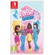 A Nintendo Switch game case displaying bright pink retro pixel art of Barbie waving from the balcony of a vintage multi-storey DreamHouse filled with colourful furniture