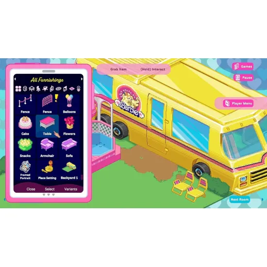 A PlayStation 5 game case showcasing a retro arcade cabinet surrounded by neon pink lights, classic dolls, and stylized pixel-art furniture