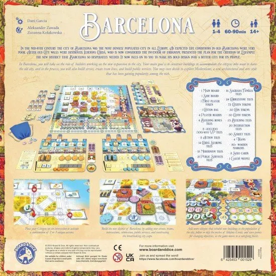 Barcelona board game box featuring 19th century city expansion artwork and Eixample grid