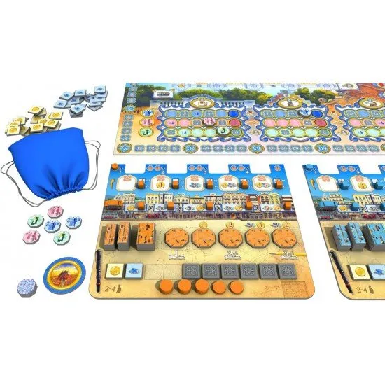 Barcelona board game box featuring 19th century city expansion artwork and Eixample grid