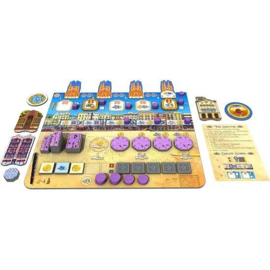 Barcelona board game box featuring 19th century city expansion artwork and Eixample grid