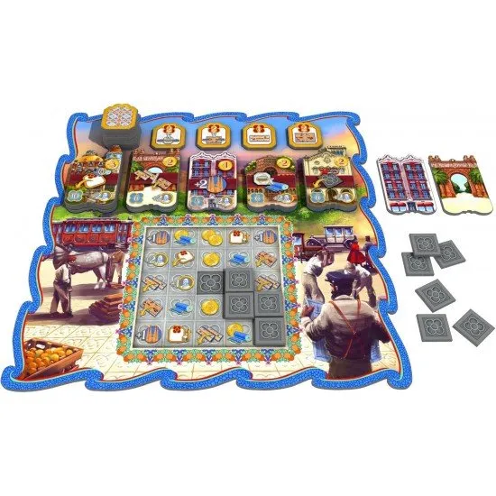Barcelona board game box featuring 19th century city expansion artwork and Eixample grid