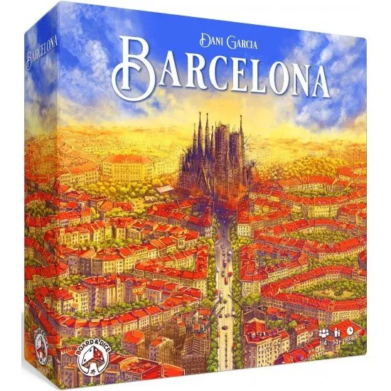 Barcelona board game box featuring 19th century city expansion artwork and Eixample grid