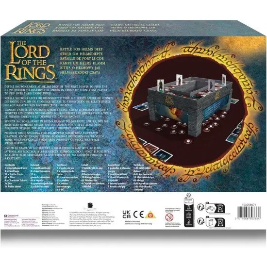 The Lord of the Rings Battle for Helms Deep game box showing the fortress and orc armies