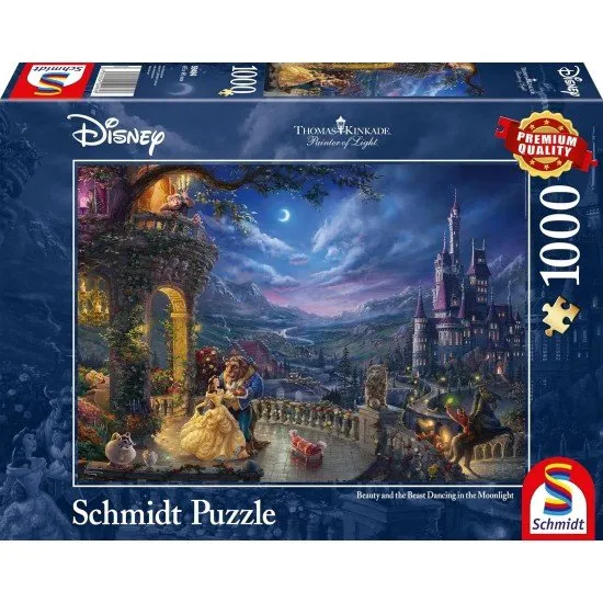 Thomas Kinkade Disney Beauty and the Beast 1000 piece jigsaw puzzle box featuring Belle and Beast in enchanted castle artwork